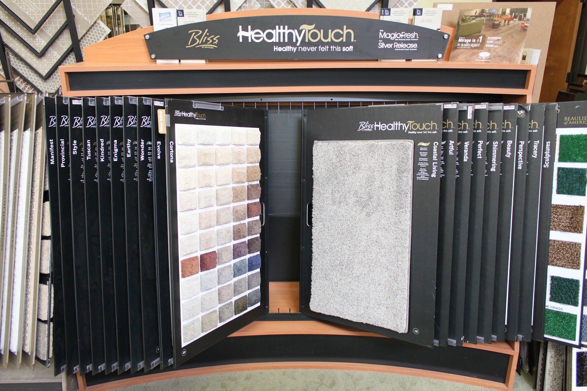 Carpet sample wall inside the Sulca’s Carpets flooring showroom in Elk Grove