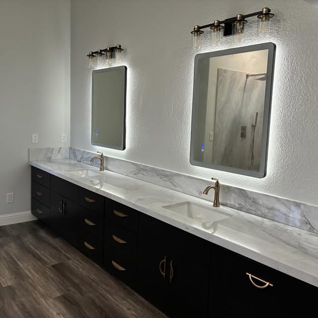 Bathroom remodel with double vanity and lighted mirrors — Sulca's Carpets